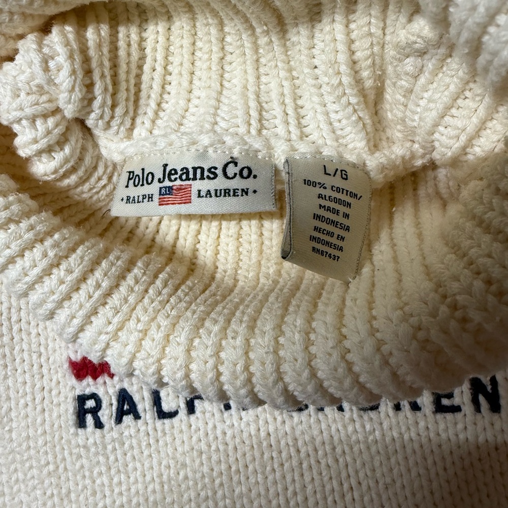 🇺🇸 Youths Vintage Polo Jeans Co. Ralph Lauren Flag Turtleneck USA Flag Sweater L - Picture 11 of 14